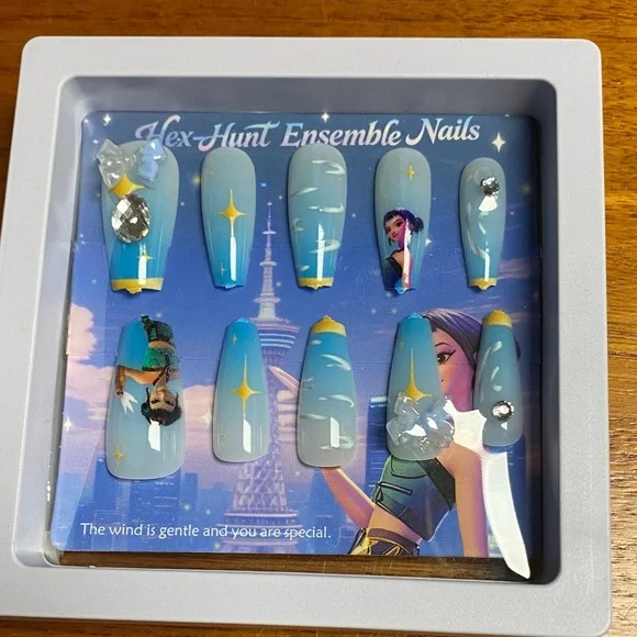 K-Pop Blue and White Ensemble Nails with Gem Accents - Picture 1 of 1
